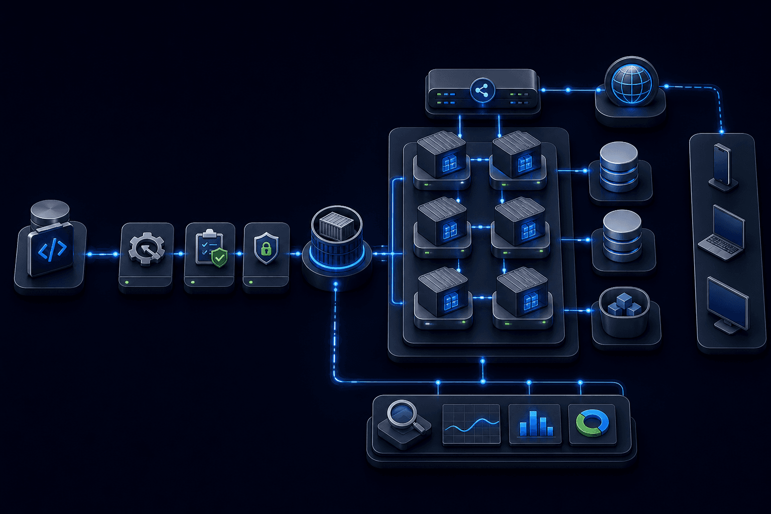 نمای معماری DevOps میکروسرویسی از کد و فرایند ساخت تا سرویسها، داده، CDN و پایش